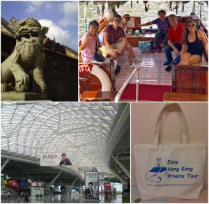 lion statue, Frank with clients on sampan, Shenzhen Airport, canvas bag