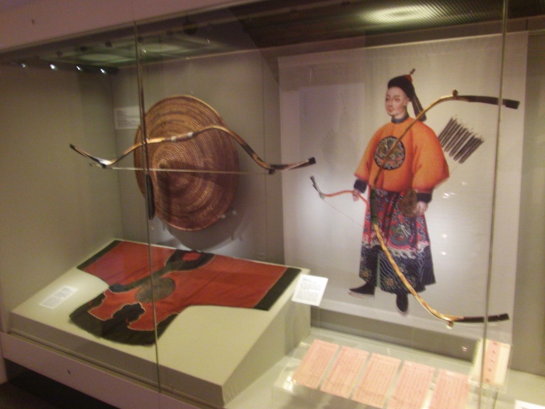 Rattan shield, old Chinese army uniform, old Chinese soldier with arrow and bow