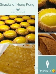 collage with photo of egg tart, sponge cake, water chestnut cake
