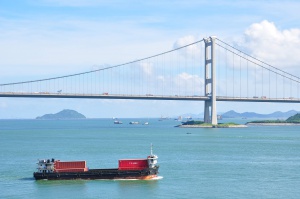 blue sky, white cloud, suspension bridge, sea, ship, islands