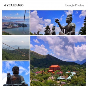 Collage shows Big Buddha, Hong Kong Airport and Po Lin Monastery