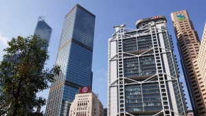 Photo shows the main compnies in Hong Kong. From left to right, New Bank of China, Cheung Kong Center, Old Bank of China, HSBC, Standard Chartered Bank