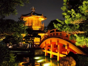 Wooden bridge in Nan Lian Garden at night