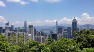 blue clear sky, Hong Kong skyline, harbor