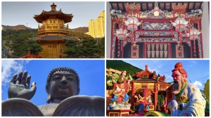 Hong Kong Chinese cultural attractions are (top left to right) Nan Lian Garden, Sam Tung Uk Museum, (bottom left to right) Big Buddha and Repulse Bay.